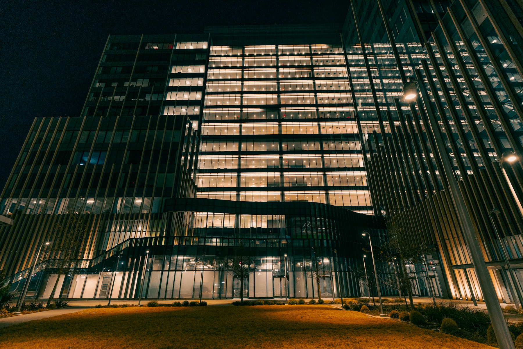 Lit office building at night