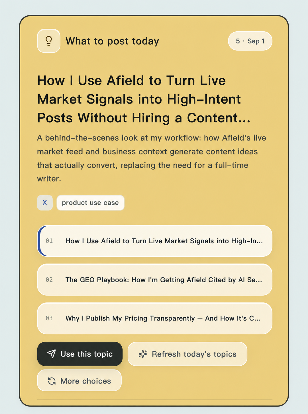 Afield content topic product interface